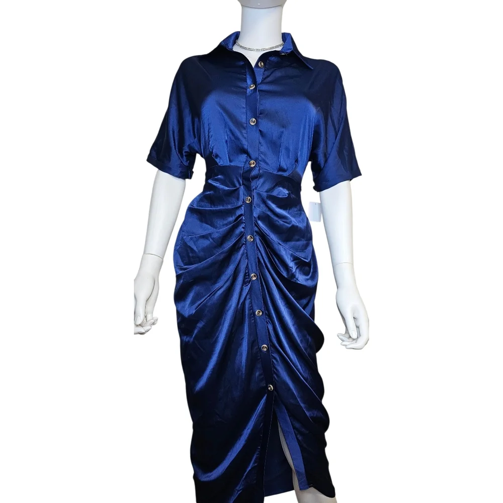 Amazon Elegant Blue Midi Dress with Tie Front - Picture 2 of 4